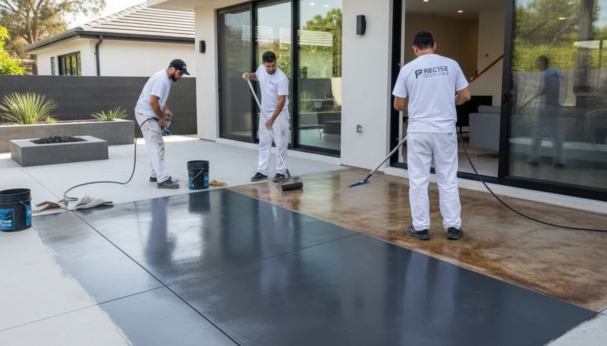 Professional concrete staining on residential patio in Knoxville, TN by expert painting contractors