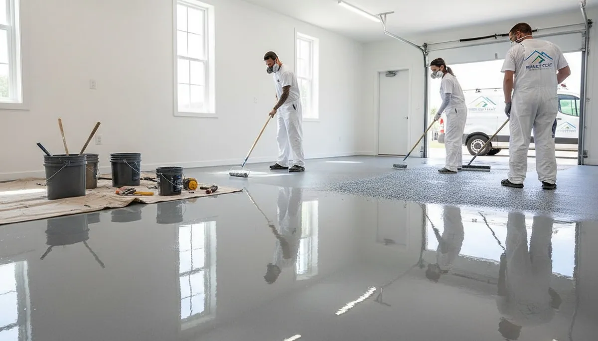 Professional epoxy floor coating in a Knoxville, TN garage by local painting experts