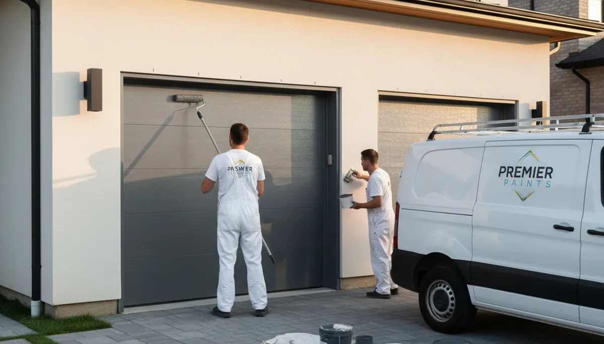 Professional painters refinishing a garage door in Knoxville, TN for durable curb appeal