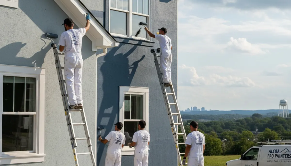 Professional house painters working on a Knoxville TN home exterior repaint project